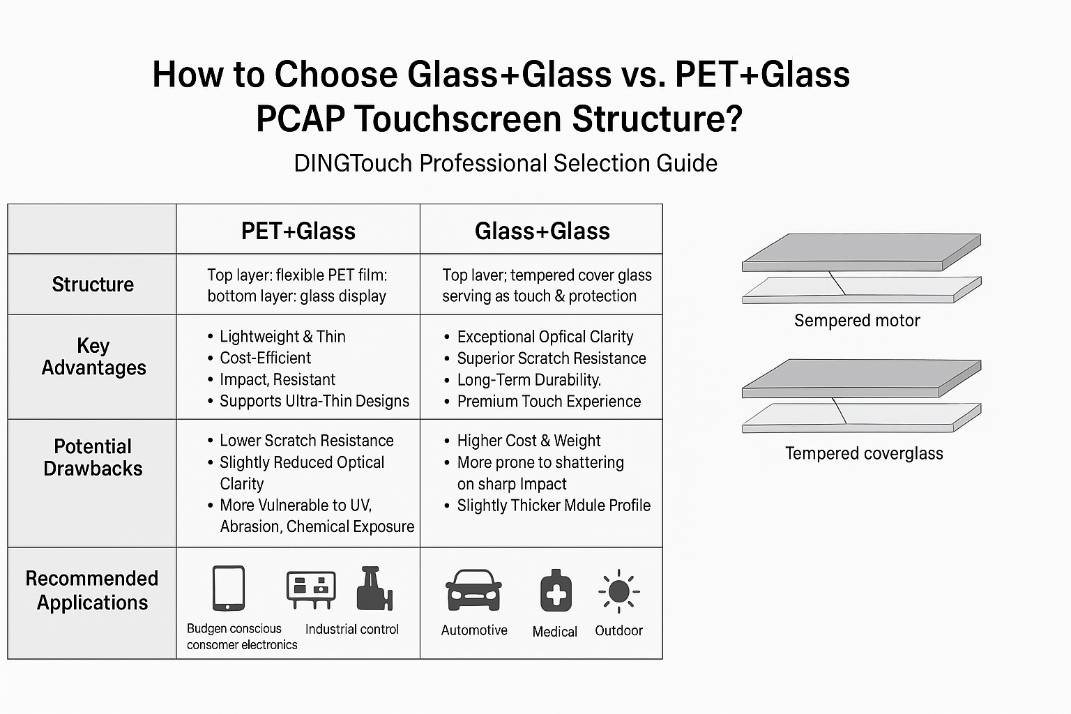 How to Choose Between Glass+Glass and PET+Glass PCAP <a href=https://www.szdingtouch.com/new/touchscreen.html target='_blank'>touchscreen</a> Structures
