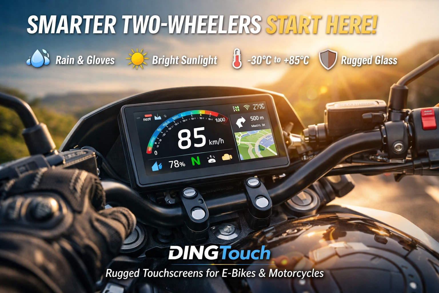 Powerful <a href=https://www.szdingtouch.com/new/touchscreen.html target='_blank'>touchscreen</a> Solutions for Two-Wheeled Vehicles Rugged, Smart & Customizable Displays by DINGTouch