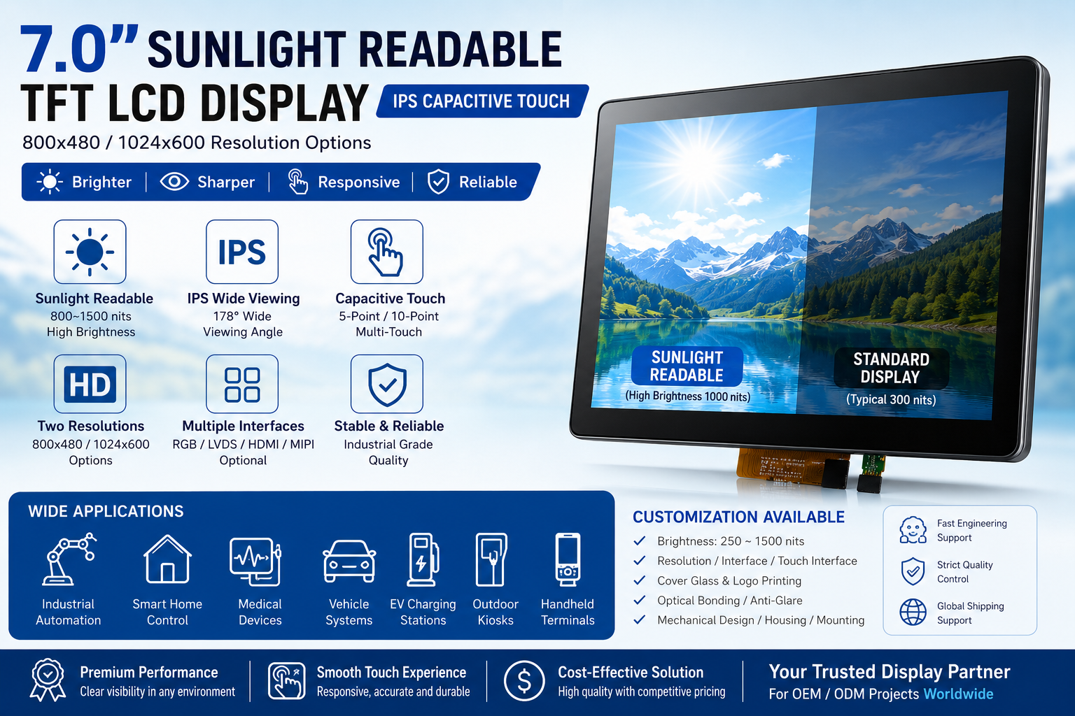 Sunlight Readable 7 Inch TFT LCD Display with IPS <a href=https://www.szdingtouch.com/new/capacitive-touch-screen.html target='_blank'>capacitive touch screen </a>– 800x480 / 1024x600 High-Brightness Solution for Smart Devices
