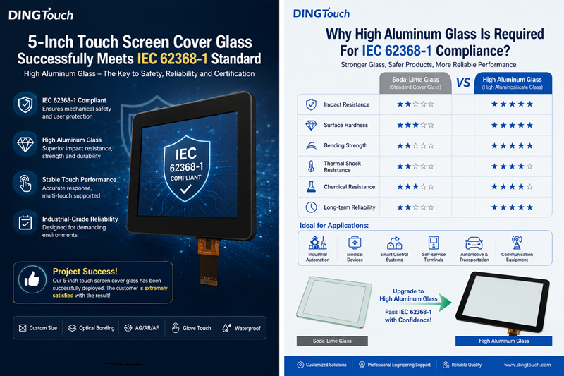 DINGTouch 5 Inch Touch Screen Cover Glass Successfully Meets IEC 62368-1 Standard Table of Contents Introduction What Is IEC 62368-1? Why Cover Glass Material Matters for Touch Screens Soda-Lime Glass vs High Aluminum Glass Why High Aluminum Glass Is Required for IEC 62368-1 Compliance DINGTouch 5-Inch Touch Screen Project Success Story Key Advantages of DINGTouch High Aluminum Cover Glass