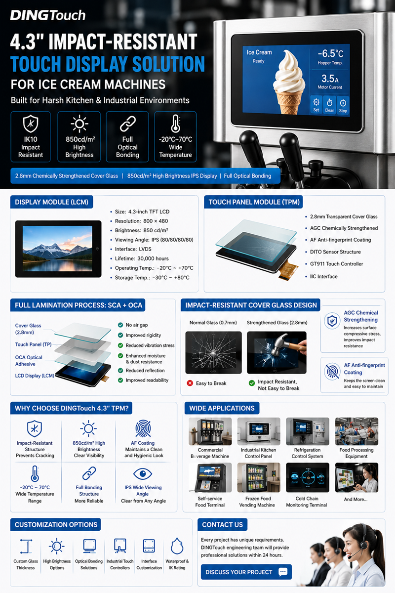 DINGTouch 4.3-Inch Impact-Resistant Touch Display for Ice Cream Machines