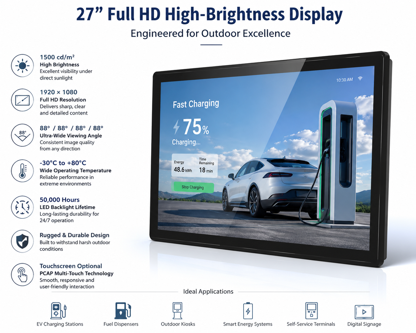 27-Inch Full HD High-Brightness Display for EV Charging Stations and Fuel Dispensers Empowering Outdoor Self-Service Systems with DINGTouch Industrial Display Solutions