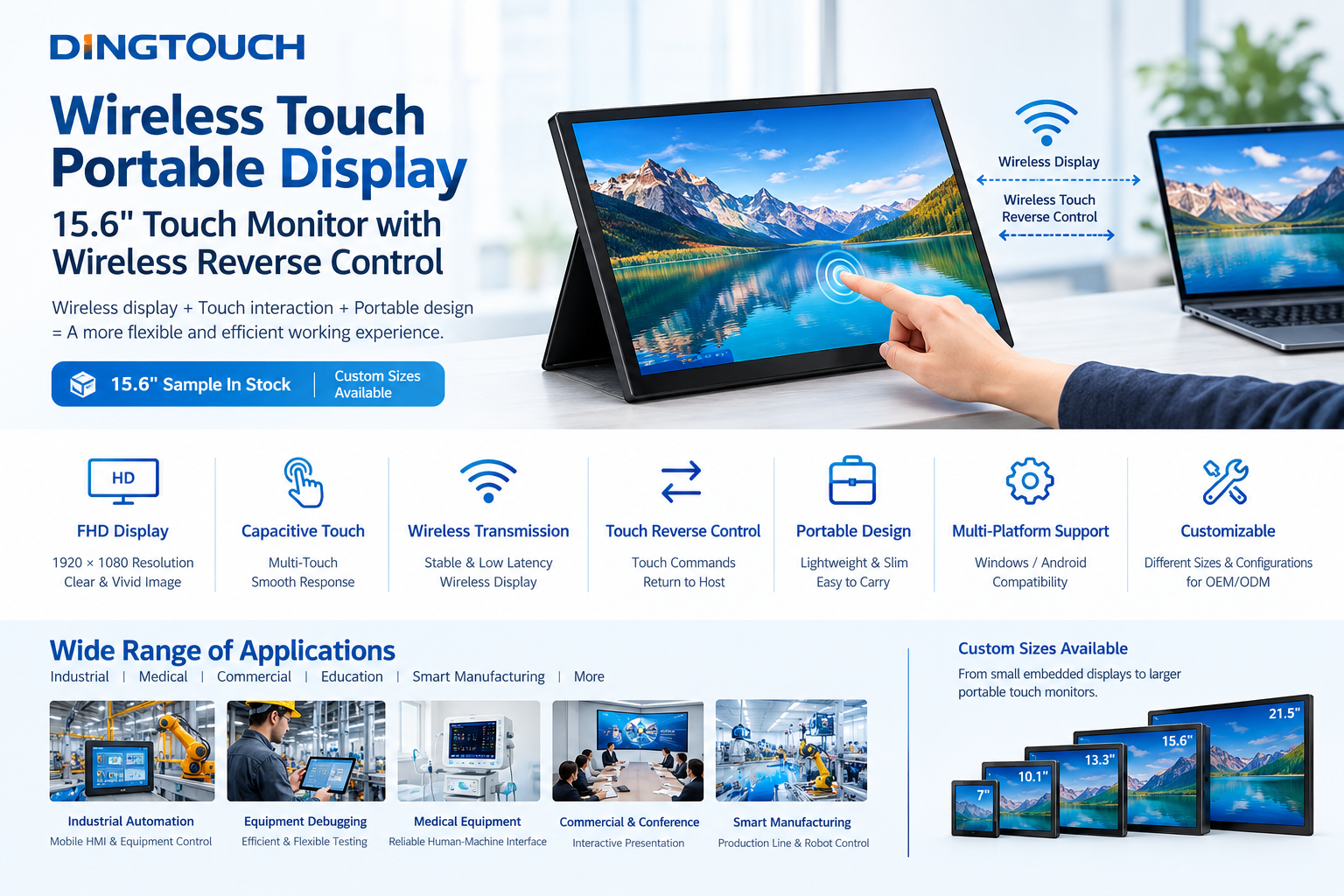 Wireless Touch Portable Display: 15.6-Inch Touch Monitor with Wireless Reverse Control